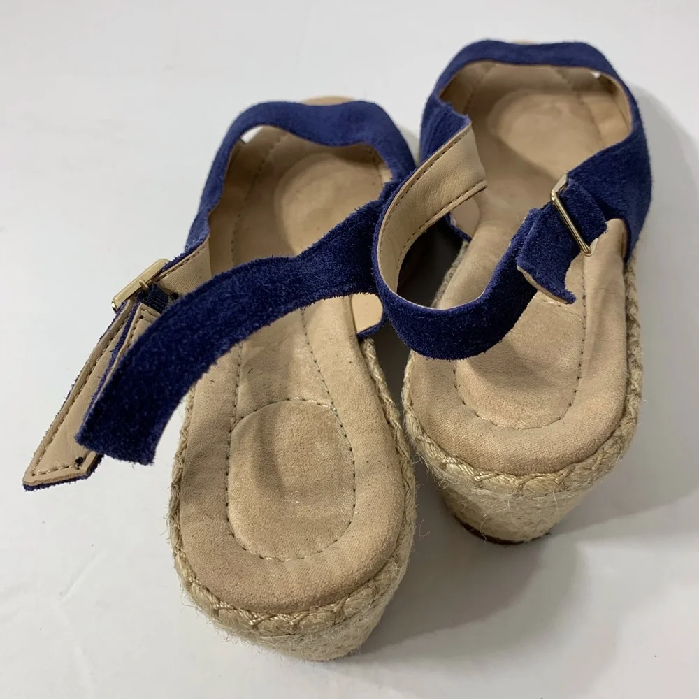 EUC Lands’ End Blue Suede Wedge Jute‎ Heel Sandals